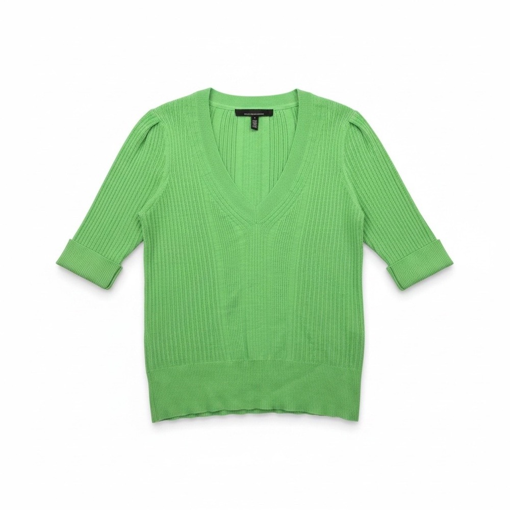 White House Black Market Green Ribbed V-Neck Cashmere Blend Sweater Top Medium